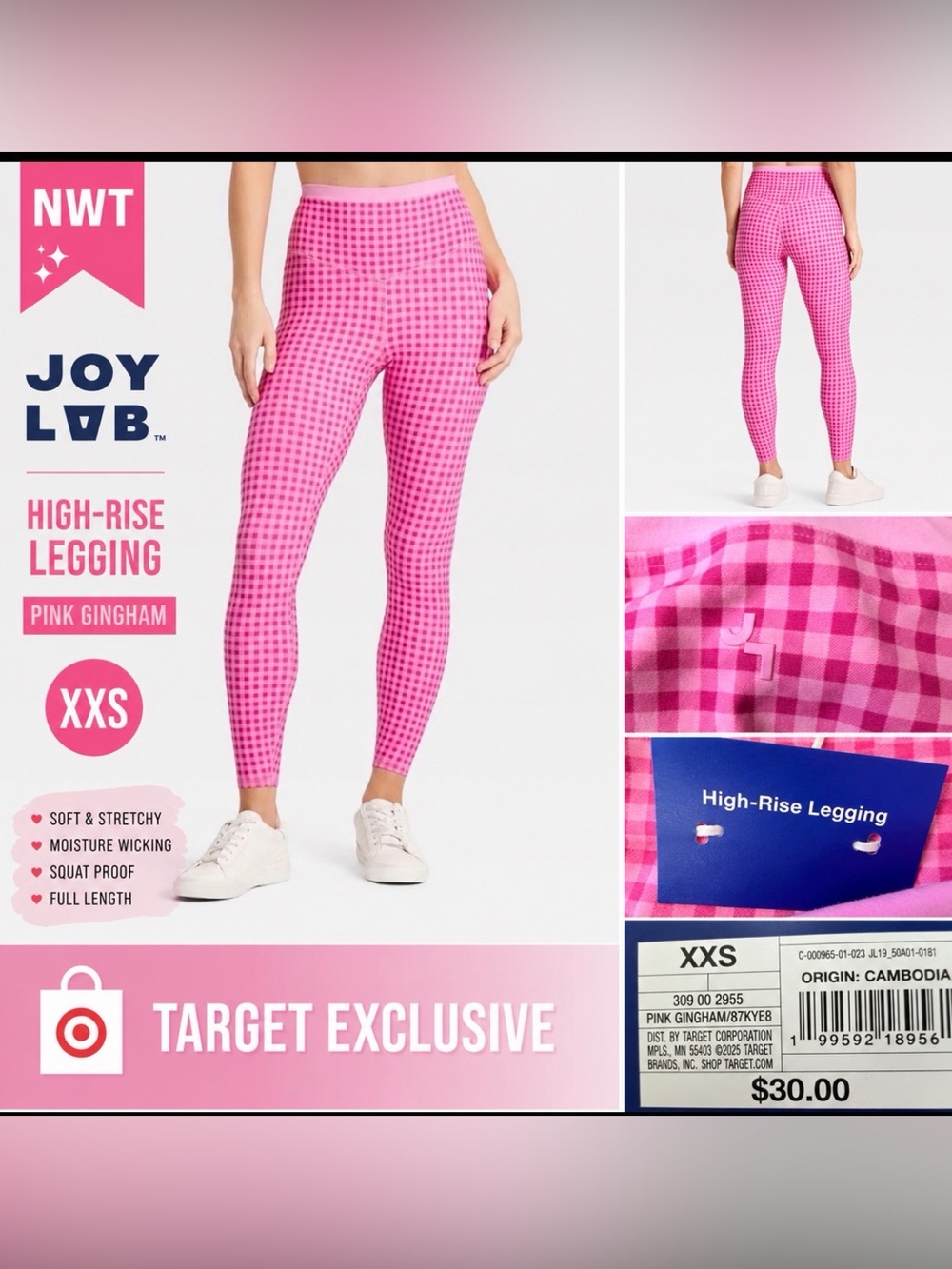 JoyLab Women’s High-Rise Leggings – XXS – Pink Gingham – NWT